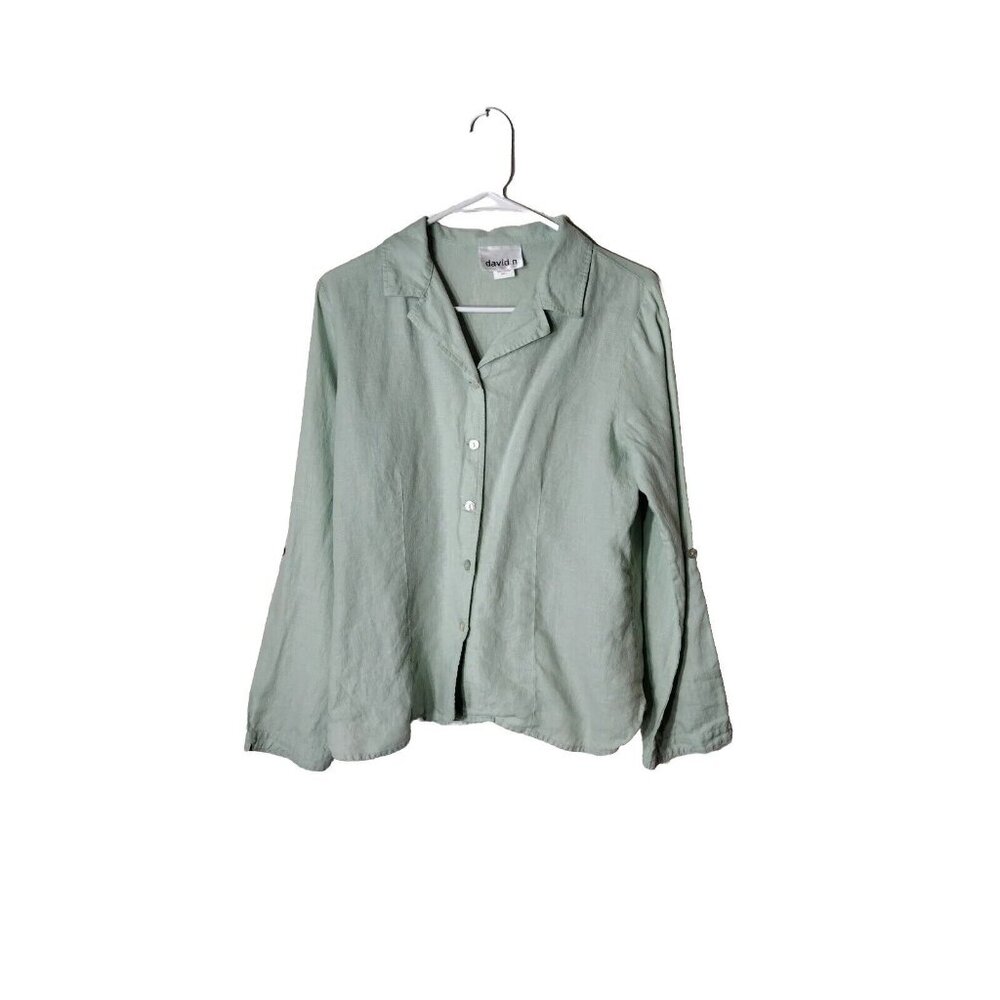David N Top Womens Large Linen Button Tab Sleeves Green Spring